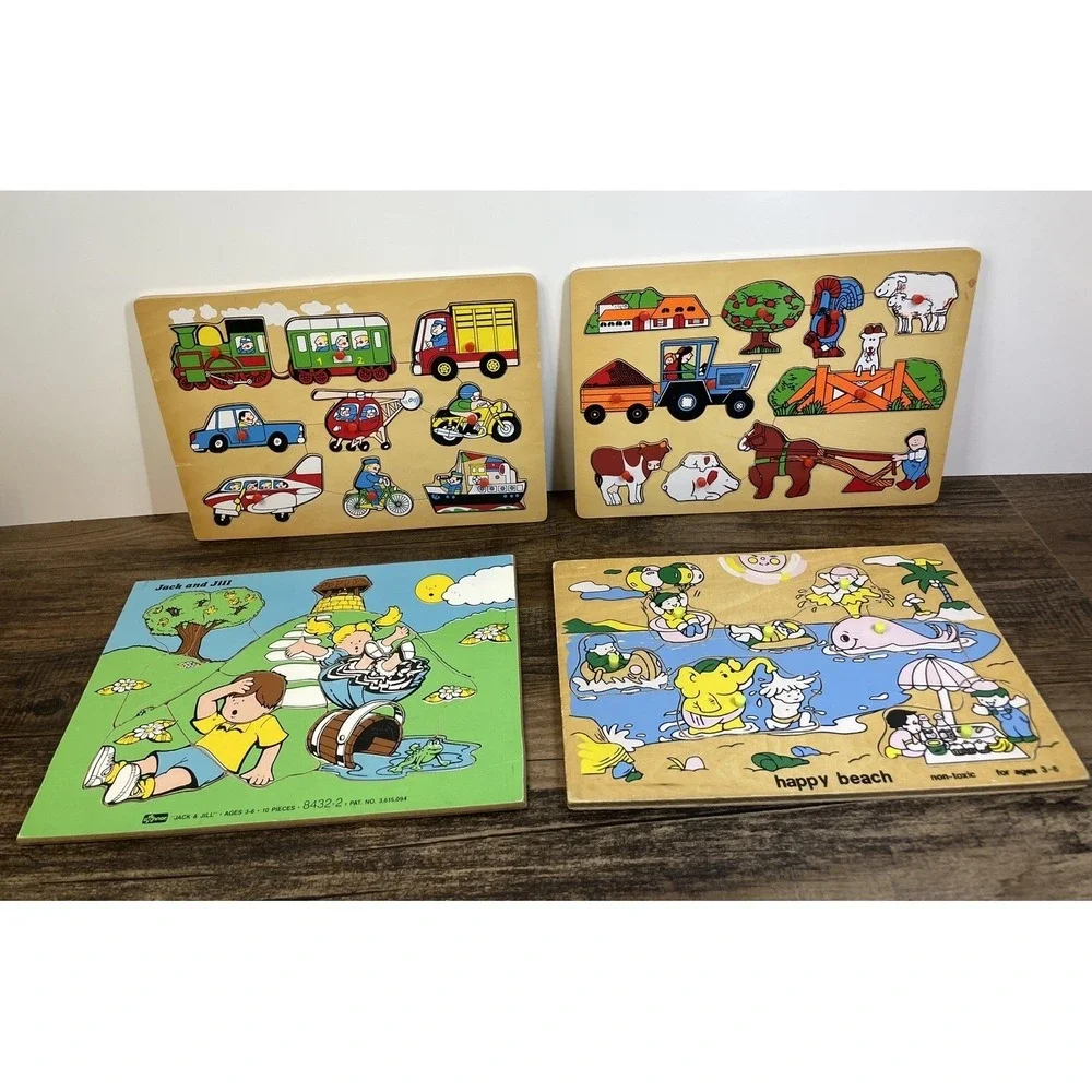 Lot Of 4 Vintage Wood Puzzles Jack Jill Cars Farm Beach Airplane Tractor